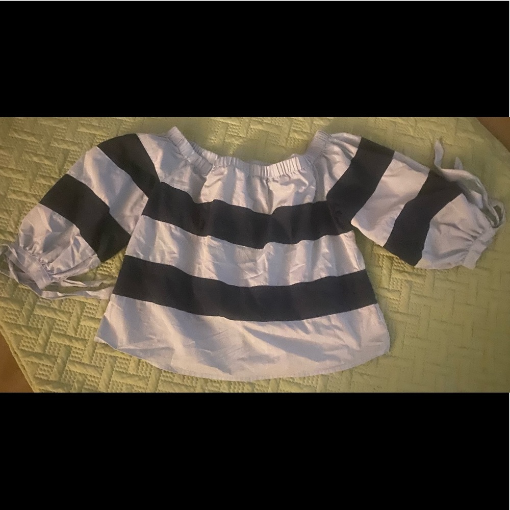 Off the shoulder navy and light blue striped shirt